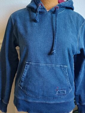 Vintage Gap "Red Collection" Blue Denim Knit Hooded Pullover Sweatshirt.